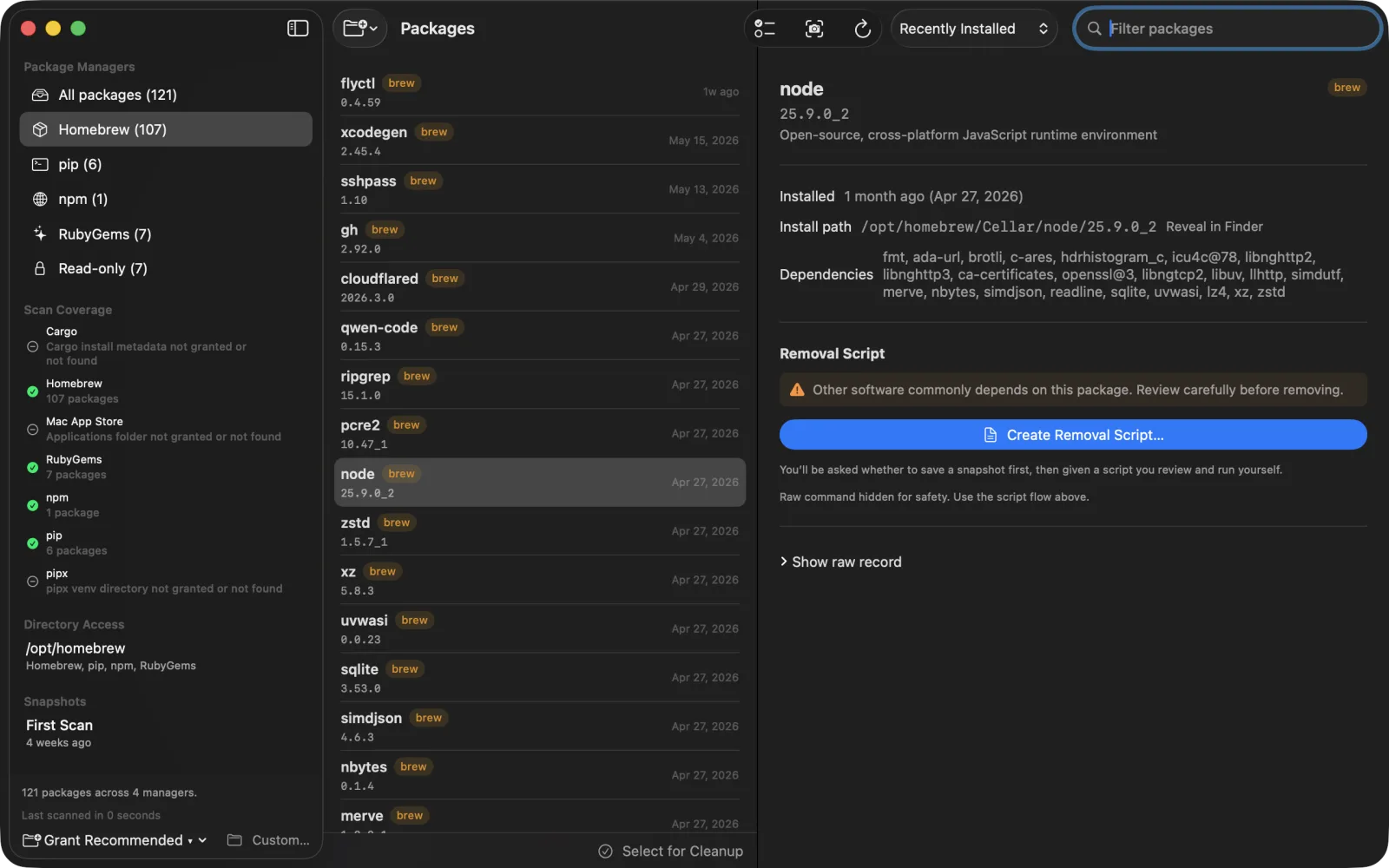 Installory main window listing Homebrew, pip, and npm packages with managers, versions, and install dates in a clean macOS interface.