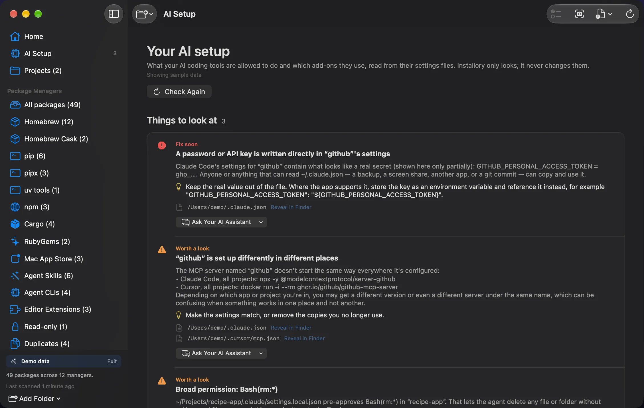 Installory's AI Setup screen with sample data, listing three things to look at: an API key written in Claude Code's settings for a server named github, shown only partially; the same server set up differently in Claude Code and Cursor; and a broad delete permission in a project.