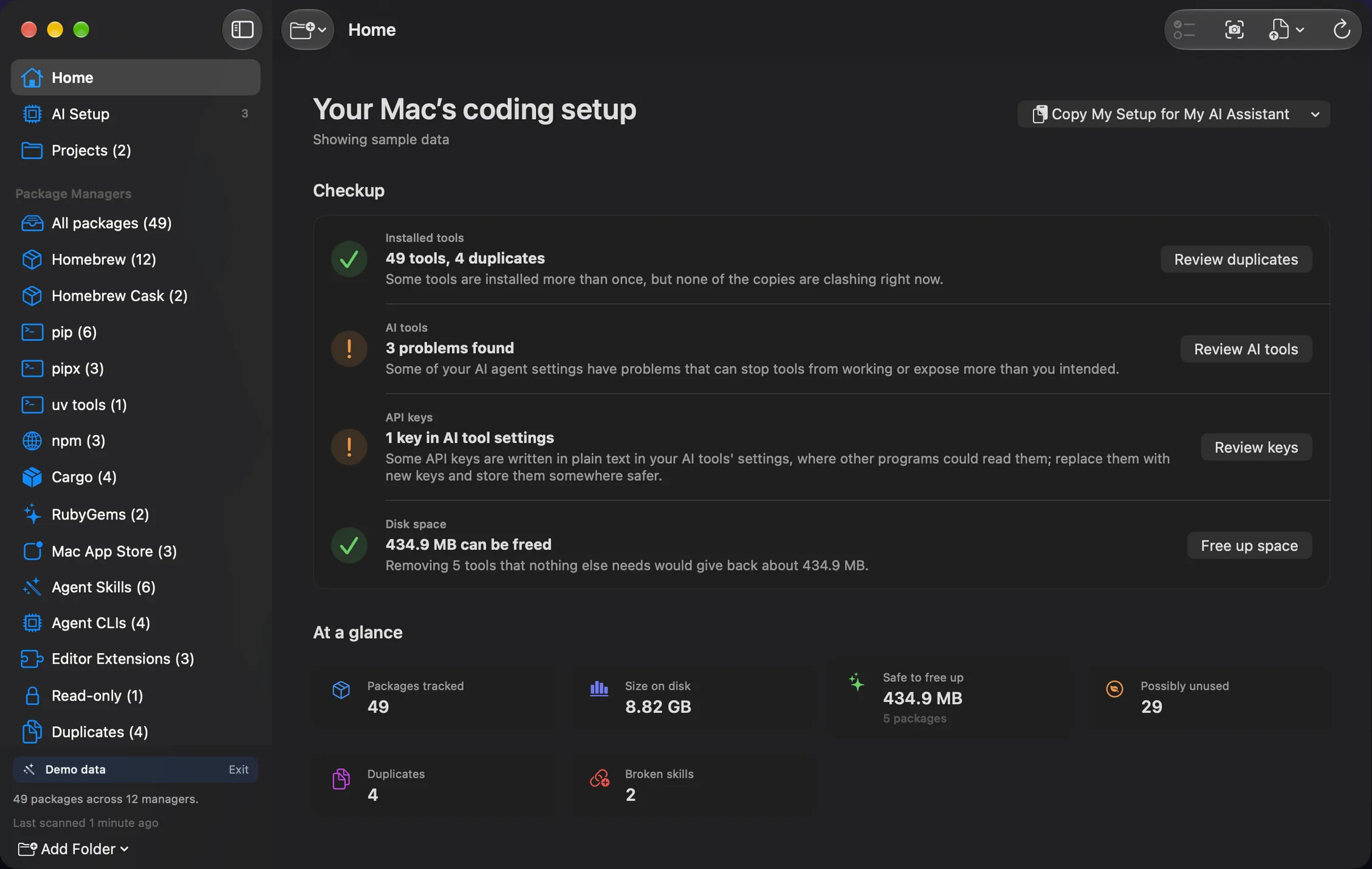 Installory Home screen with sample data: the four-row checkup and an at-a-glance grid of package counts and sizes.